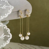 18K Gold-plated Elegant Zircon Long Tassel Pearl Earrings