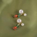 18K Gold-plated Elegant Zircon Rose Lacquered Pearl Earrings