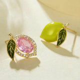 18K Gold-plated Green Olive Asymmetric Pink Diamond Stud Earrings