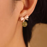 18K Gold-plated Natural Hetian Jade Jasper Pearl Bow Earrings