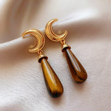 18K Gold-plated Tiger Eye Stone Black Onyx Crescent Moon Earrings