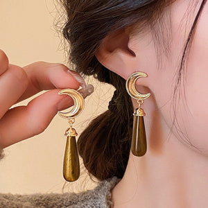 18K Gold-plated Tiger Eye Stone Black Onyx Crescent Moon Earrings