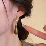 18K Gold-plated Tiger Eye Stone Black Onyx Crescent Moon Earrings