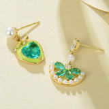 18K Gold-plated Zircon Green Apple Heart Pearl Earrings