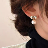 18K Gold Plated Zircon Bow Pearl Earrings