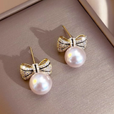 18K Gold Plated Zircon Bow Pearl Earrings