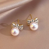 18K Gold Plated Zircon Bow Pearl Earrings