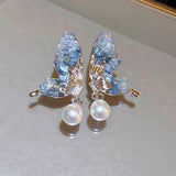 Silver Post 14K Gold-Plated Crystal Butterfly Drop Pearl Earrings