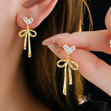 Silver Post 18K Gold-Plated Zircon Heart-Design Bow Earrings