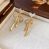 Silver Post 18K Gold-Plated Zircon Heart-Design Bow Earrings