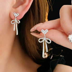 Silver Post 18K Gold-Plated Zircon Heart-Design Bow Earrings