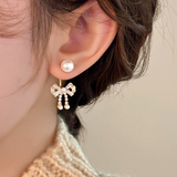 Silver Post Bow Pearl Earrings