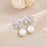 Silver Post Diamond Artificial Pearl Petal Earrings