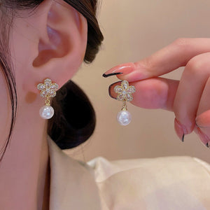 Silver Post Diamond Artificial Pearl Petal Earrings