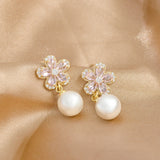 Silver Post Diamond Artificial Pearl Petal Earrings