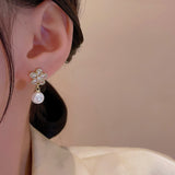 Silver Post Diamond Artificial Pearl Petal Earrings