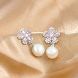 Silver Post Diamond Artificial Pearl Petal Earrings