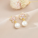 Silver Post Diamond Artificial Pearl Petal Earrings