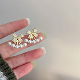 Silver Post Bow Pearl Jacket Earrings