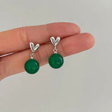 Silver Post Elegant Green Pearl Heart Earrings