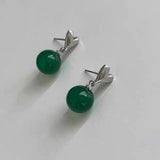 Silver Post Elegant Green Pearl Heart Earrings