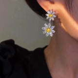 Silver Post Glitter Diamond Flower Earrings