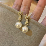 Silver Post Zircon Artificial Pearl Earrings