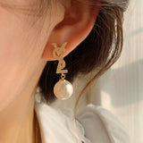 Silver Post Zircon Artificial Pearl Earrings