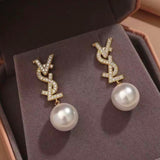 Silver Post Zircon Artificial Pearl Earrings