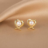 Silver Post Heart-Design Artificial Pearl Stud Earrings