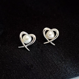 Silver Post Heart-Design Artificial Pearl Stud Earrings