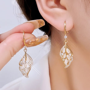 Silver Post Luxurious Golden Branches and Jade Leaves Earrings