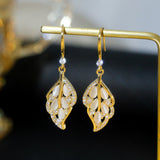 Silver Post Luxurious Golden Branches and Jade Leaves Earrings