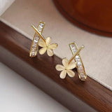 Silver Post Micropaved Flower Cat's Eye Cross Earrings