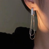 Silver Post Micropaved Silver Chain Earrings