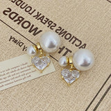 Silver Post Micropaved Zircon Heart Artificial Pearl Earrings