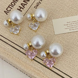 Silver Post Micropaved Zircon Heart Artificial Pearl Earrings