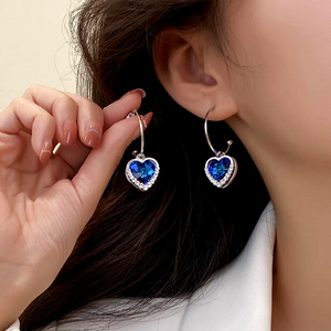 Silver Post Ocean Blue Heart-Design Earrings