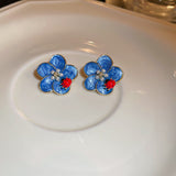 Silver Post Oil Drop Blue Flower Earrings