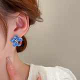 Silver Post Oil Drop Blue Flower Earrings