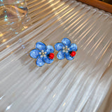 Silver Post Oil Drop Blue Flower Earrings