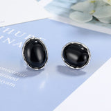 Silver Post Oval Natural Black Agate Stud Earrings