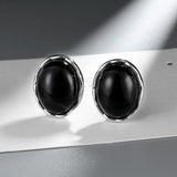 Silver Post Oval Natural Black Agate Stud Earrings