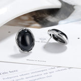 Silver Post Oval Natural Black Agate Stud Earrings