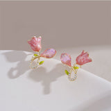 Silver Post Pink Flower Stud Earrings