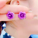 Silver Post Red Blue Purple Rose Stud Earrings