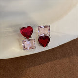 Silver Post Red Heart Stud Earrings