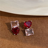 Silver Post Red Heart Stud Earrings