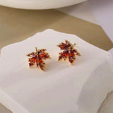 Silver Post Red Maple Leaf Stud Earrings