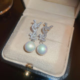 Silver Post Zircon Artificial Pearl Earrings